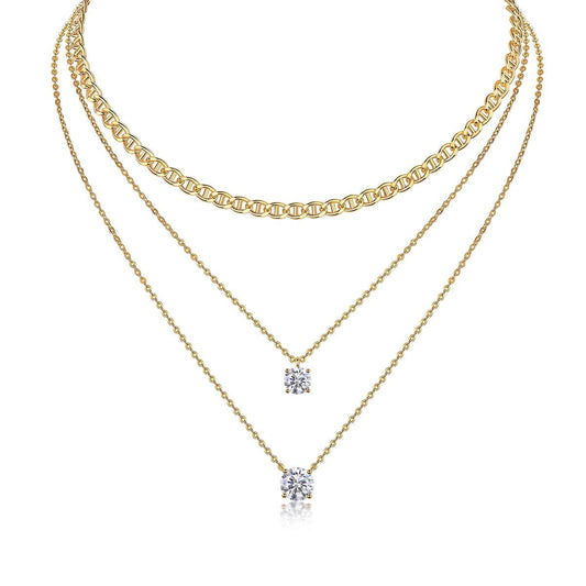 Golden Mariner Chain Double Moisssanite Layered Necklace with Anchor Chain Spooled Set (2ct. ) - La Pretti
