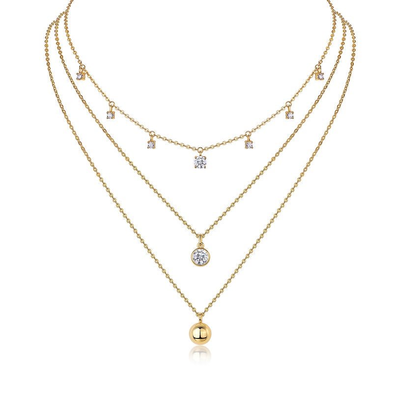 Trio Layered Moissanite Station Necklace of Round Bezel with Golden Ball Set (1ct. ) - La Pretti