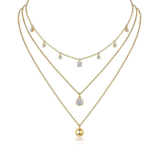 Trio Layered Moissanite Station Necklace of Round Bezel with Golden Ball Set (1ct. ) - La Pretti