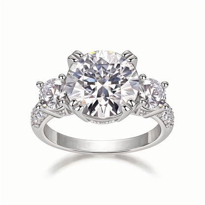 Trilogy Round Moissanite Three Stone Engagement Ring in Pave Setting(5ct. ) - La Pretti
